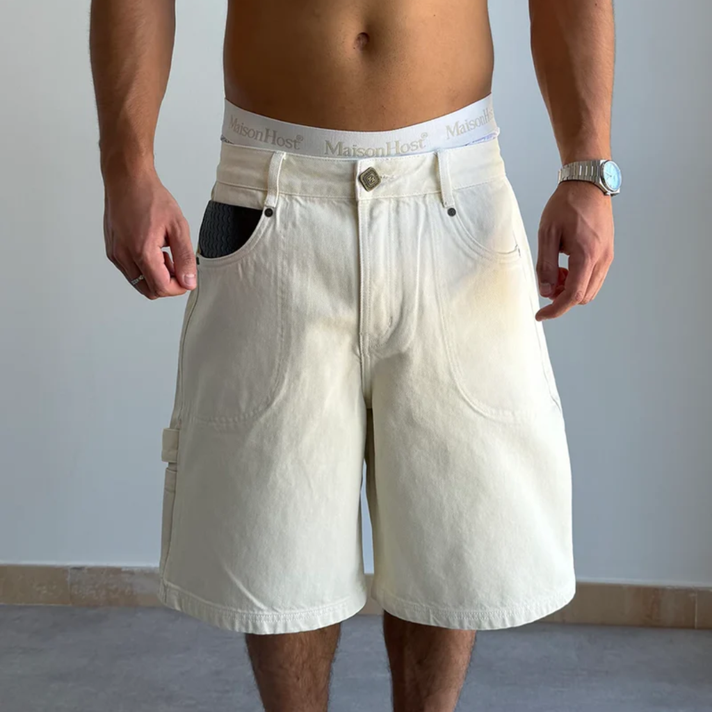 Maison Host Leather Pocket Ecru Shorts