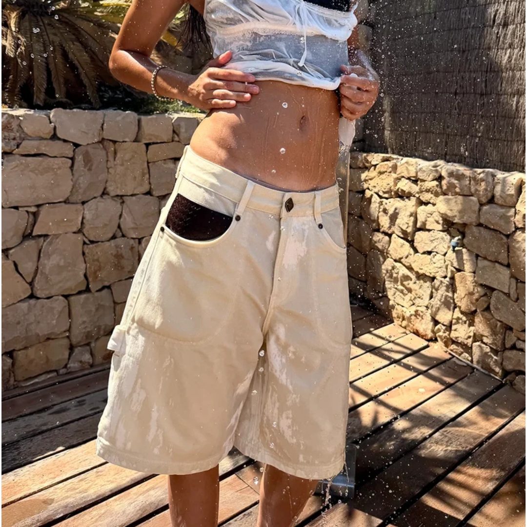Maison Host Leather Pocket Ecru Shorts