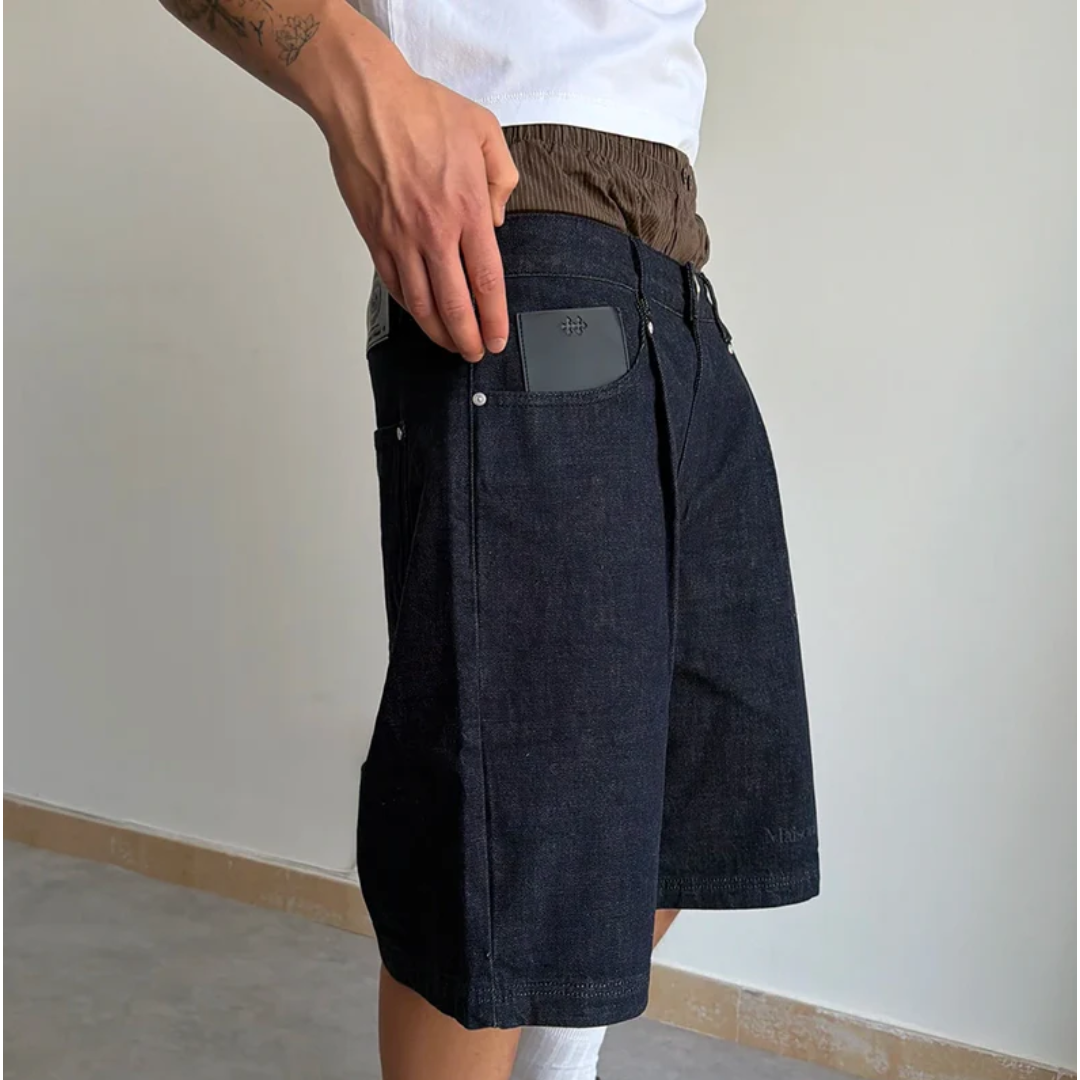 Maison Host Raw Denim Pleated Shorts