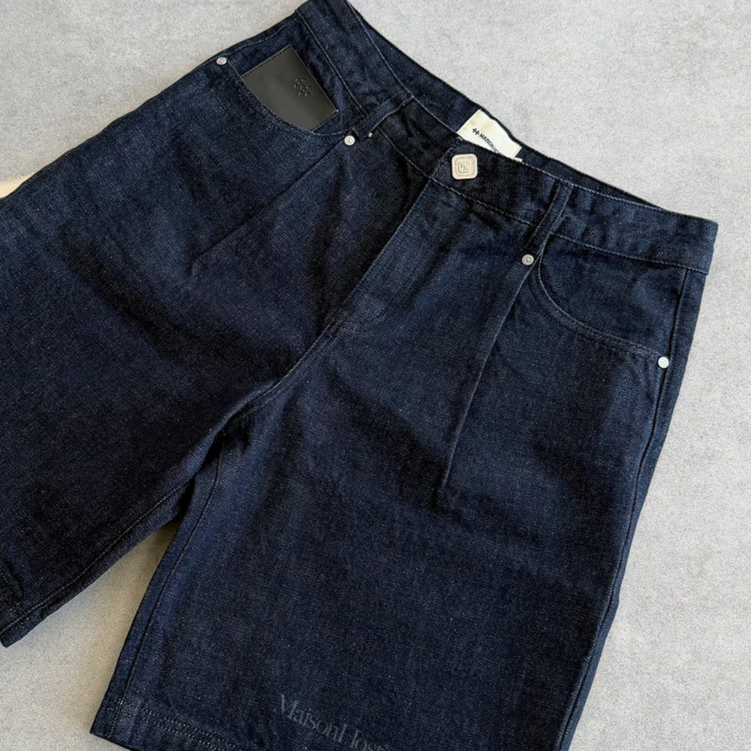 Maison Host Raw Denim Pleated Shorts