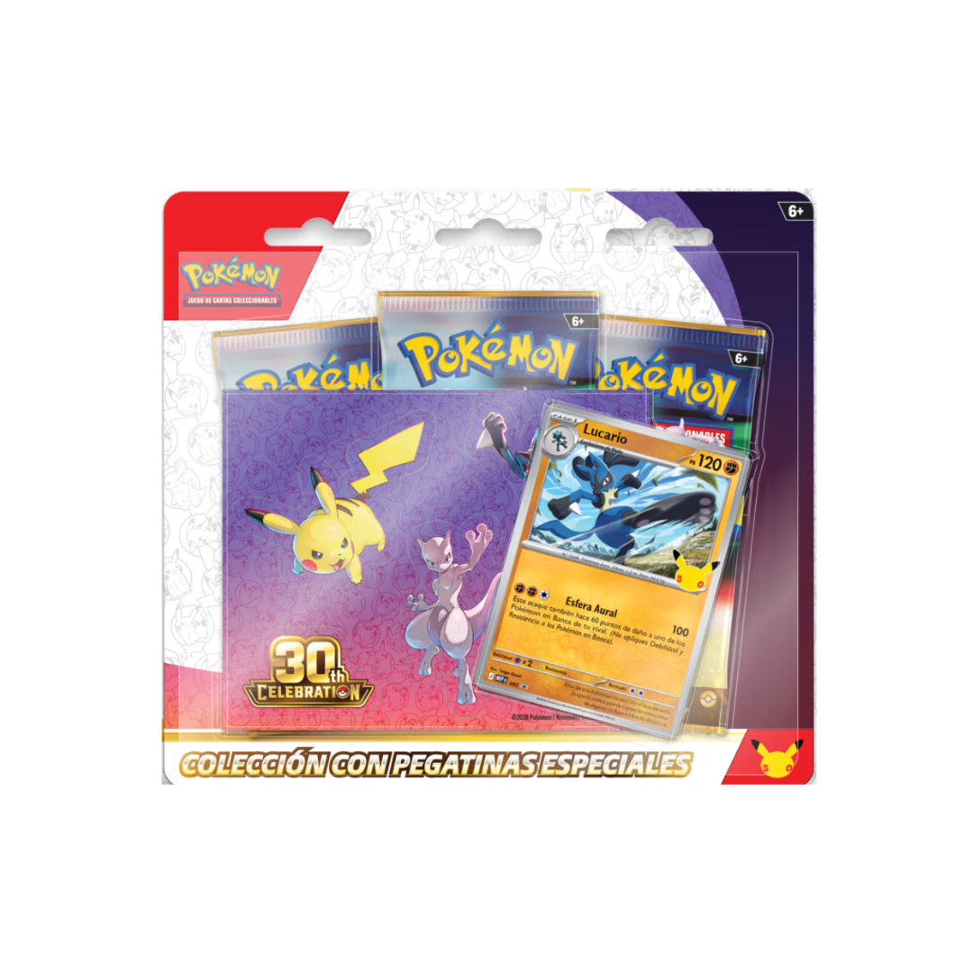 POKÉMON 30TH Blíster Lucario de 3 sobres con pegatinas especiales de Celebración 30º Aniversario de TCG Pokémon