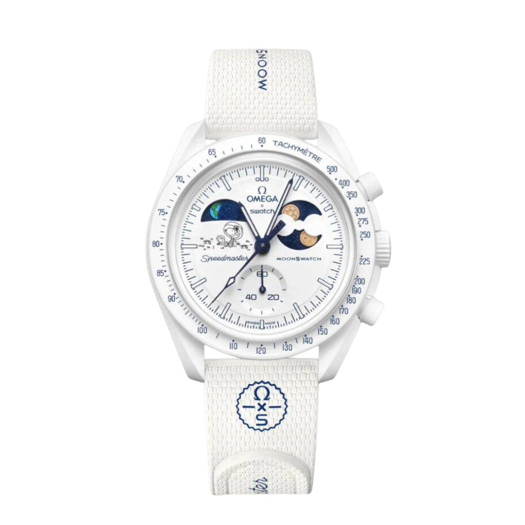 Swatch x Omega Bioceramic Moonswatch Mission to Earthphase Moonshine Gold Cold Moon Snoopy White Blue-SO33W701L